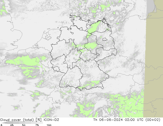 Nubes (total) ICON-D2 jue 06.06.2024 02 UTC