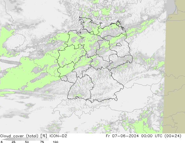 Cloud cover (total) ICON-D2 Fr 07.06.2024 00 UTC