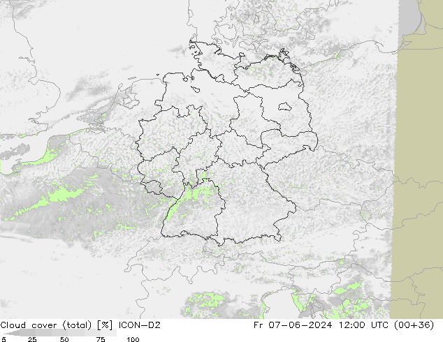 Cloud cover (total) ICON-D2 Fr 07.06.2024 12 UTC