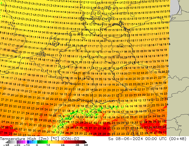 Temperature High (2m) ICON-D2 Sa 08.06.2024 00 UTC