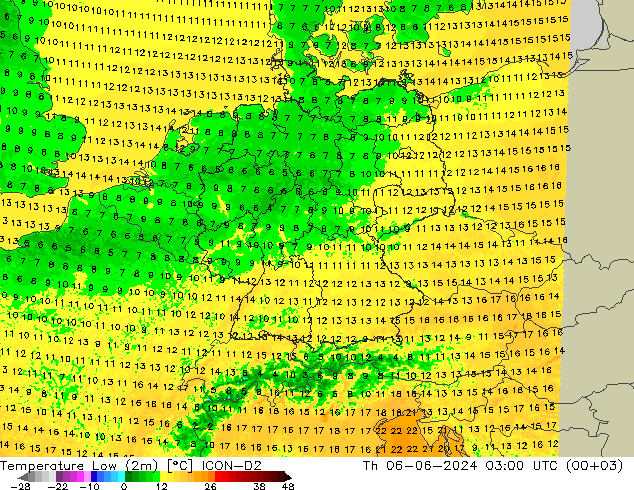 Temperatura mín. (2m) ICON-D2 jue 06.06.2024 03 UTC