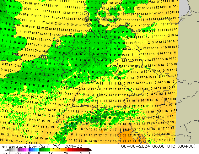 Temperature Low (2m) ICON-D2 Th 06.06.2024 06 UTC