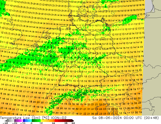 Min. Temperatura (2m) ICON-D2 so. 08.06.2024 00 UTC