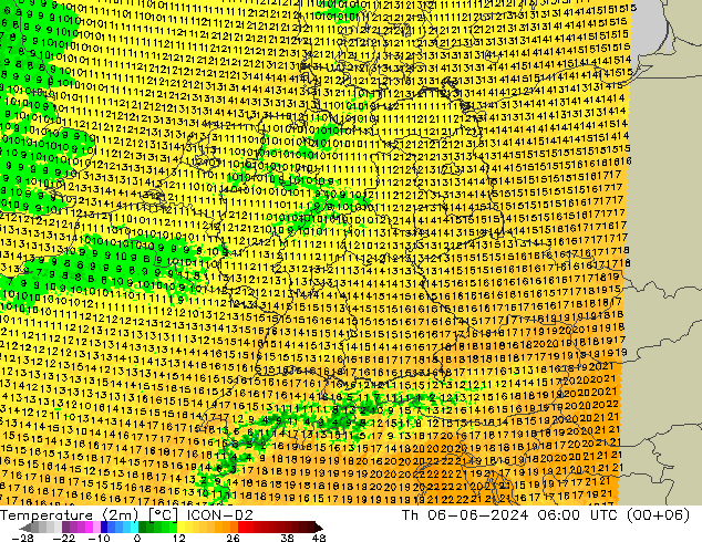 mapa temperatury (2m) ICON-D2 czw. 06.06.2024 06 UTC