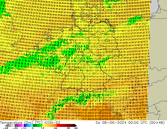 Temperatura (2m) ICON-D2 sab 08.06.2024 00 UTC