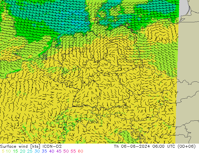 Wind 10 m ICON-D2 do 06.06.2024 06 UTC