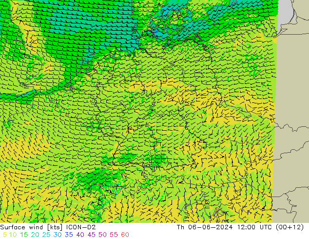 Surface wind ICON-D2 Čt 06.06.2024 12 UTC