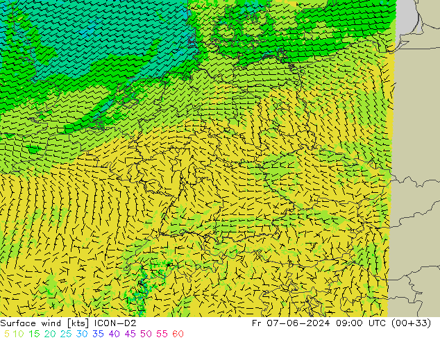 Surface wind ICON-D2 Fr 07.06.2024 09 UTC