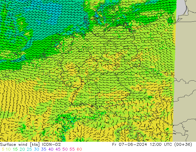 Surface wind ICON-D2 Pá 07.06.2024 12 UTC