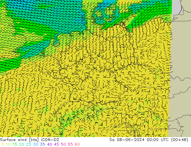 wiatr 10 m ICON-D2 so. 08.06.2024 00 UTC
