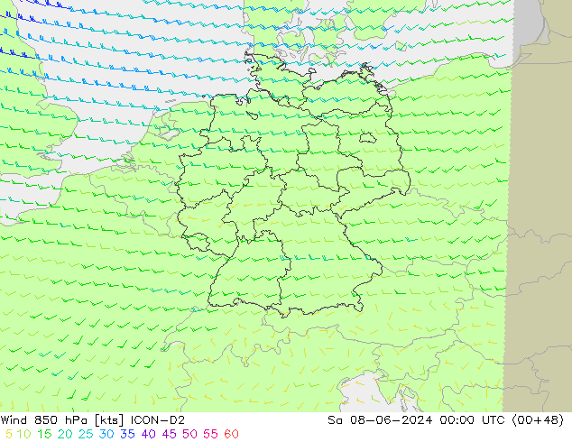 Vento 850 hPa ICON-D2 Sáb 08.06.2024 00 UTC