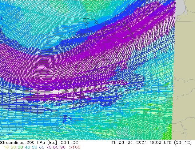 Streamlines 300 hPa ICON-D2 Th 06.06.2024 18 UTC