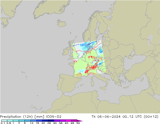 Totale neerslag (12h) ICON-D2 do 06.06.2024 12 UTC