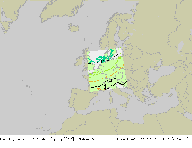 Hoogte/Temp. 850 hPa ICON-D2 do 06.06.2024 01 UTC