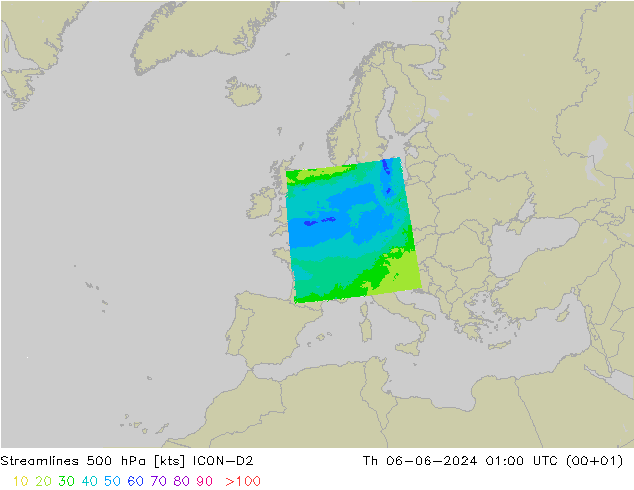 Linha de corrente 500 hPa ICON-D2 Qui 06.06.2024 01 UTC