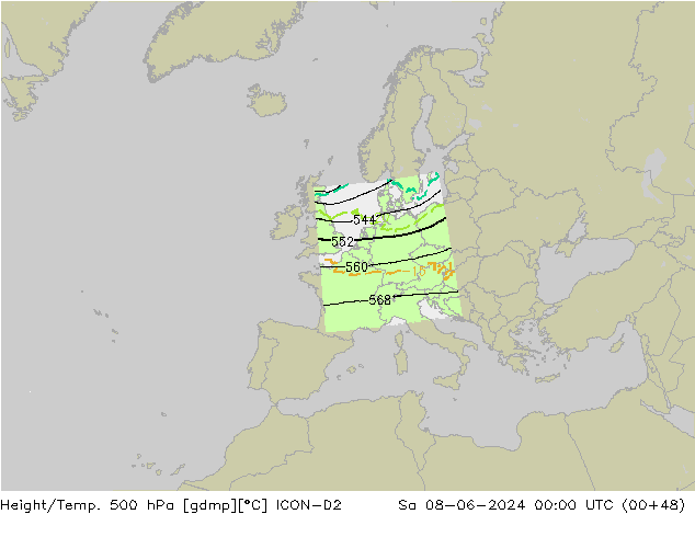 Hoogte/Temp. 500 hPa ICON-D2 za 08.06.2024 00 UTC