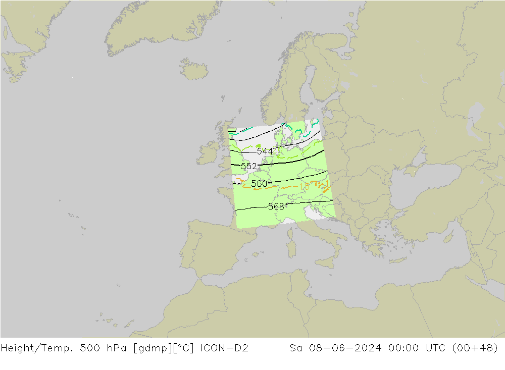 Height/Temp. 500 hPa ICON-D2 Sa 08.06.2024 00 UTC