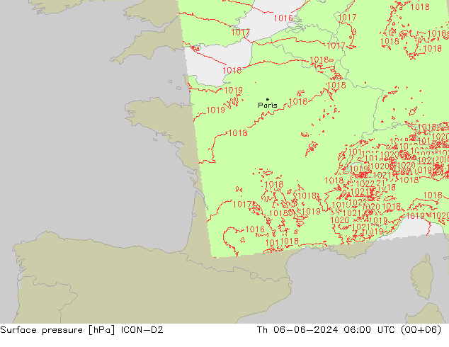 Surface pressure ICON-D2 Th 06.06.2024 06 UTC