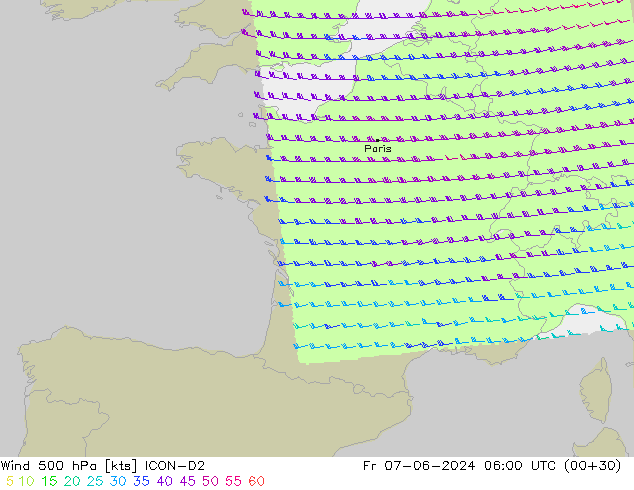 ветер 500 гПа ICON-D2 пт 07.06.2024 06 UTC