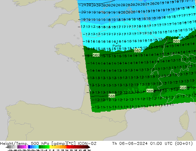 Géop./Temp. 500 hPa ICON-D2 jeu 06.06.2024 01 UTC