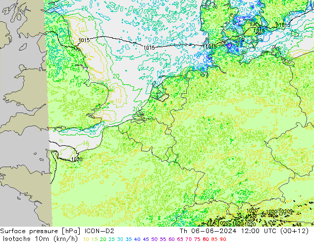 Isotachs (kph) ICON-D2 Th 06.06.2024 12 UTC