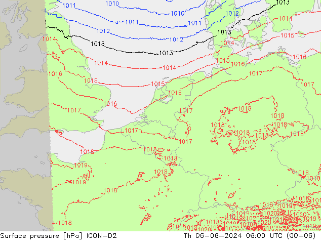 Atmosférický tlak ICON-D2 Čt 06.06.2024 06 UTC