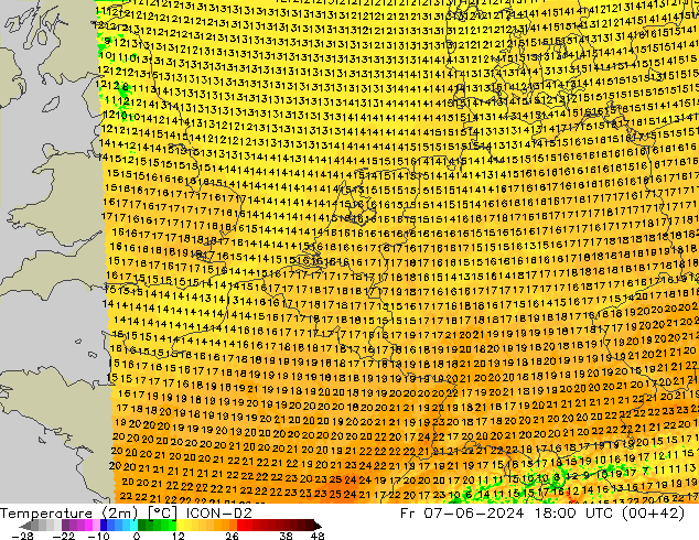 Temperature (2m) ICON-D2 Fr 07.06.2024 18 UTC