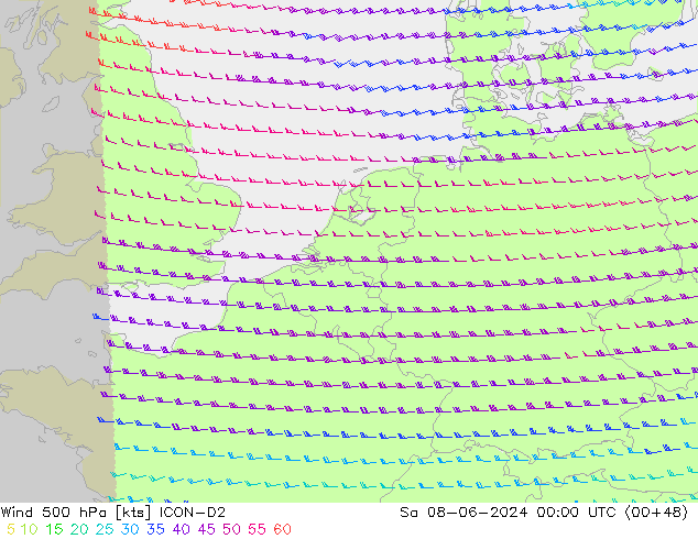 Viento 500 hPa ICON-D2 sáb 08.06.2024 00 UTC