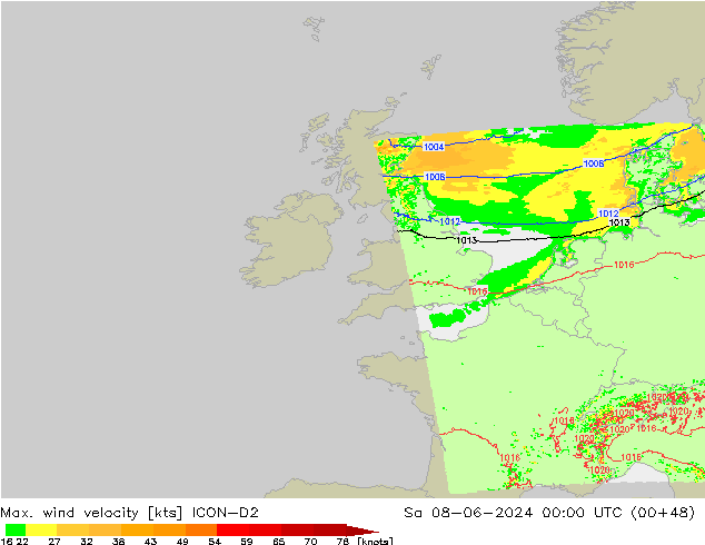 Max. wind velocity ICON-D2 so. 08.06.2024 00 UTC