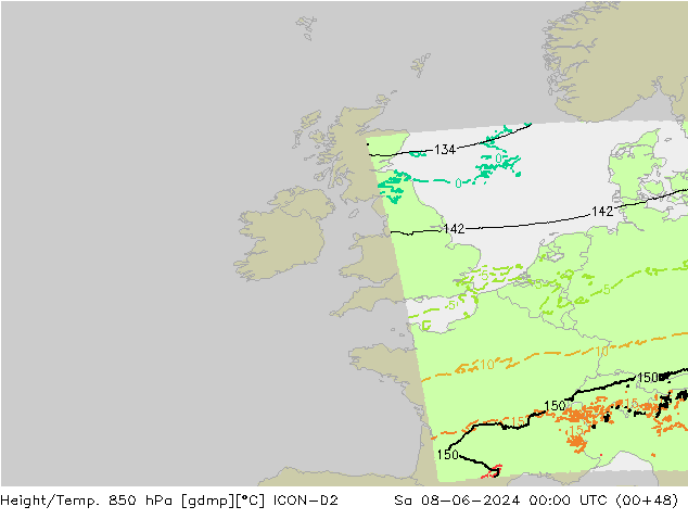 Height/Temp. 850 hPa ICON-D2 sab 08.06.2024 00 UTC