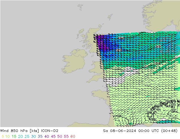 ветер 850 гПа ICON-D2 сб 08.06.2024 00 UTC
