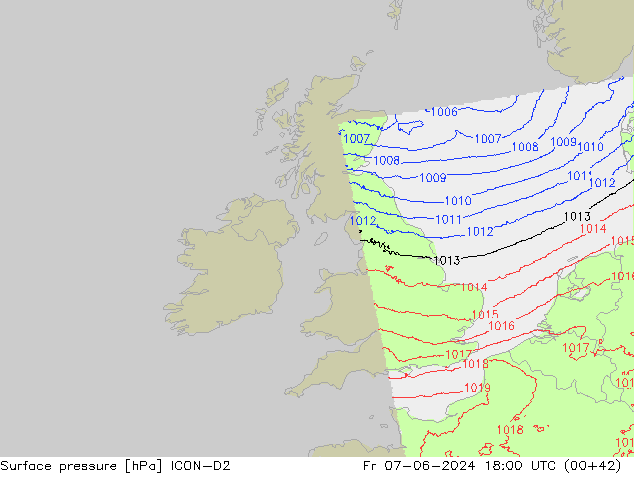Presión superficial ICON-D2 vie 07.06.2024 18 UTC