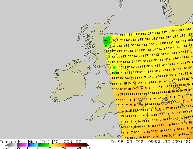 Temperature High (2m) ICON-D2 Sa 08.06.2024 00 UTC