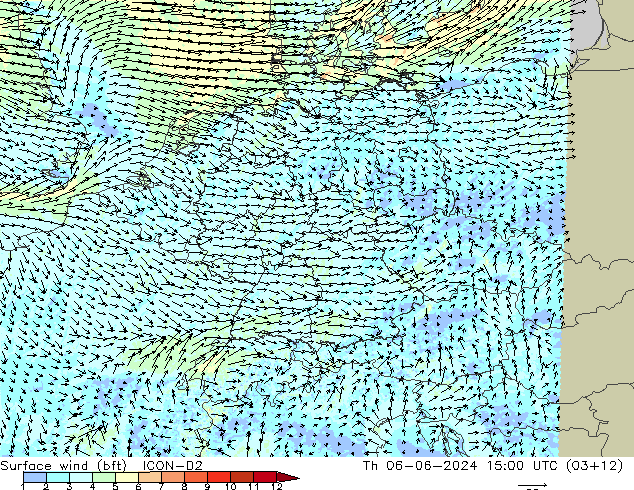  10 m (bft) ICON-D2  06.06.2024 15 UTC