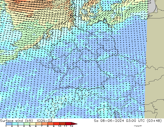 Surface wind (bft) ICON-D2 Sa 08.06.2024 03 UTC