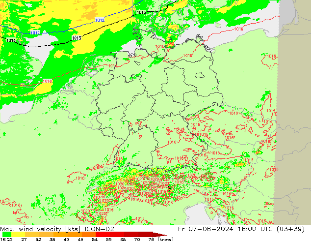 Max. wind snelheid ICON-D2 vr 07.06.2024 18 UTC