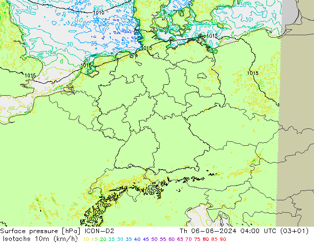 Isotachs (kph) ICON-D2 чт 06.06.2024 04 UTC