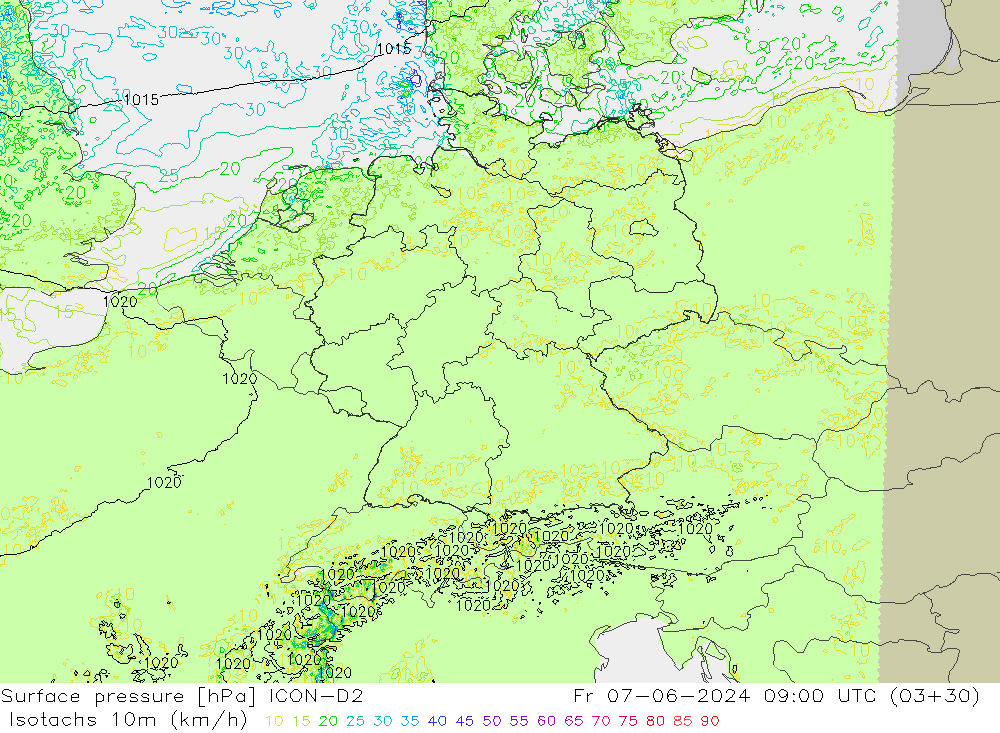 Isotachs (kph) ICON-D2 пт 07.06.2024 09 UTC