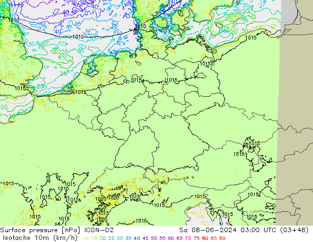 Isotachs (kph) ICON-D2  08.06.2024 03 UTC