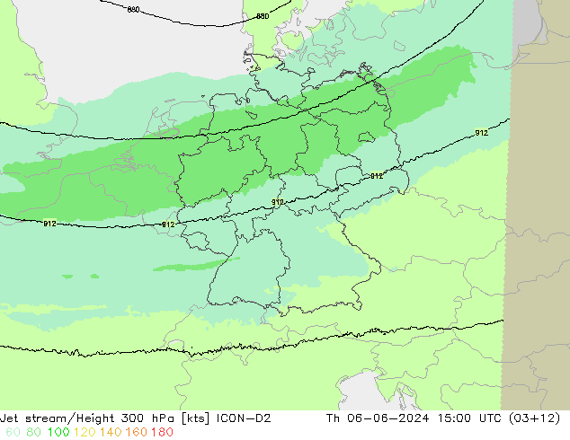 Jet stream/Height 300 hPa ICON-D2 Th 06.06.2024 15 UTC