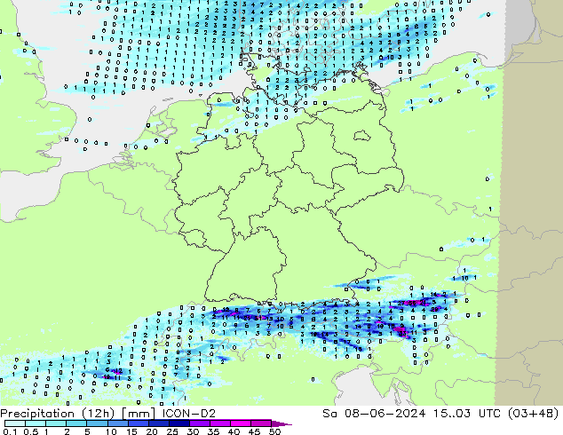 Précipitation (12h) ICON-D2 sam 08.06.2024 03 UTC