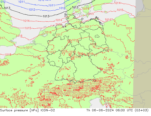 Surface pressure ICON-D2 Th 06.06.2024 06 UTC