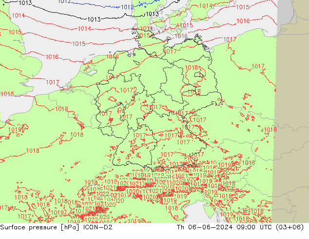 Surface pressure ICON-D2 Th 06.06.2024 09 UTC