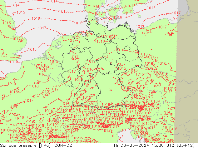 Surface pressure ICON-D2 Th 06.06.2024 15 UTC