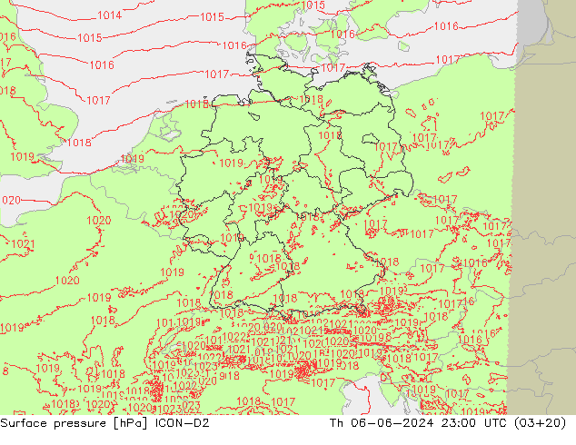 Surface pressure ICON-D2 Th 06.06.2024 23 UTC