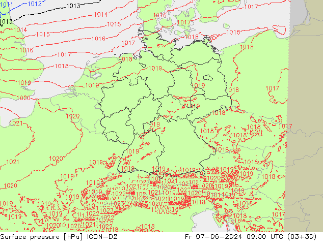 Atmosférický tlak ICON-D2 Pá 07.06.2024 09 UTC