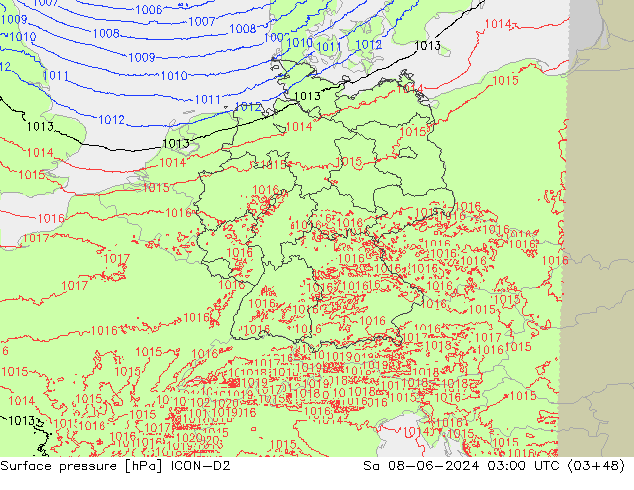 Pressione al suolo ICON-D2 sab 08.06.2024 03 UTC