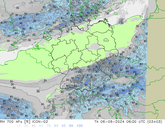 RH 700 hPa ICON-D2 Th 06.06.2024 06 UTC