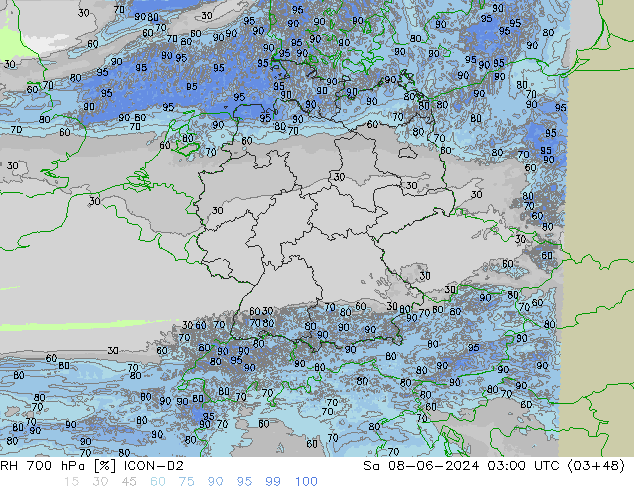 RH 700 hPa ICON-D2 so. 08.06.2024 03 UTC