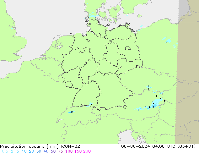 Precipitation accum. ICON-D2  06.06.2024 04 UTC